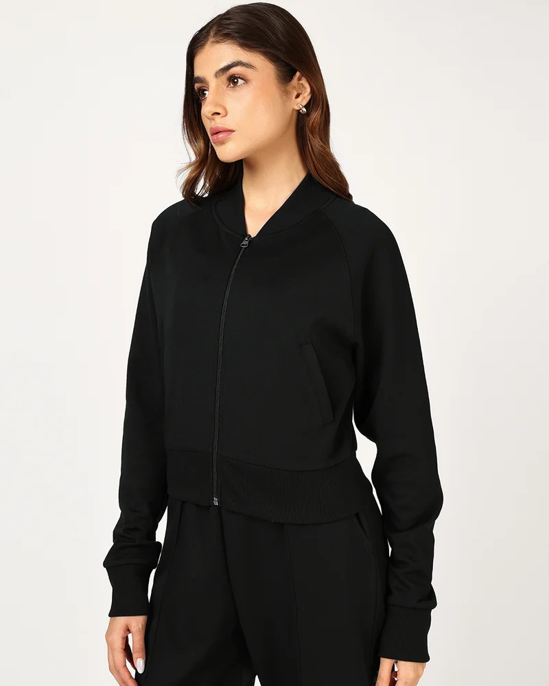 بيواكوف Women's Jet Black Crop Zipper Sweatshirt